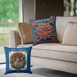 Poinsettia na Almofada Azul de Lançar