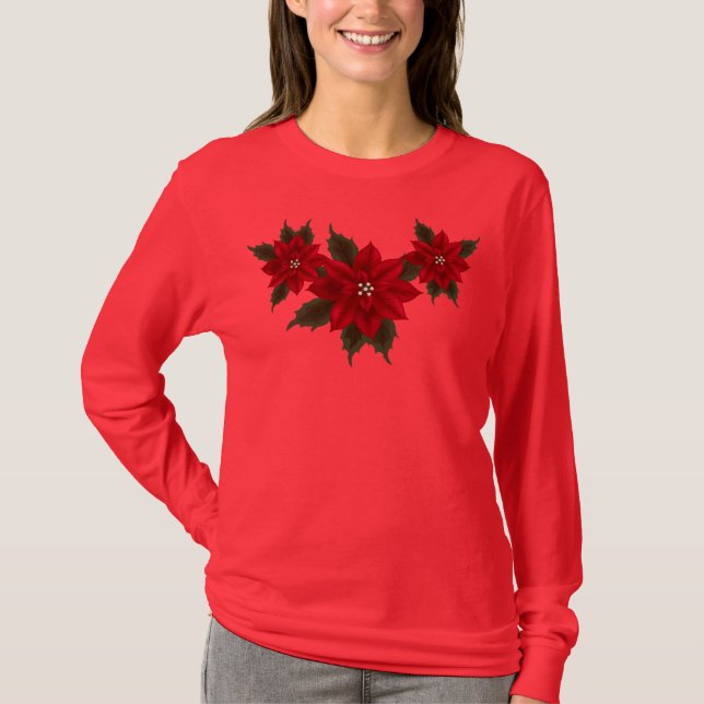 Poinsettia Natal Hanes Deep Red LS T-Shirt (Frente)