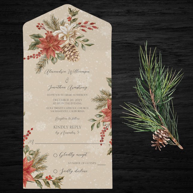 Poinsettias com azevinho sobre bege nevado (Also available with QR code. )