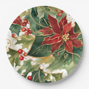 poinsettias e pratos de papel de azevinho