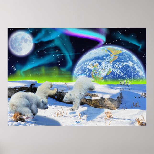 Polar Bear Cubs & Aurora Earth Day Fantasy Poster (Frente)