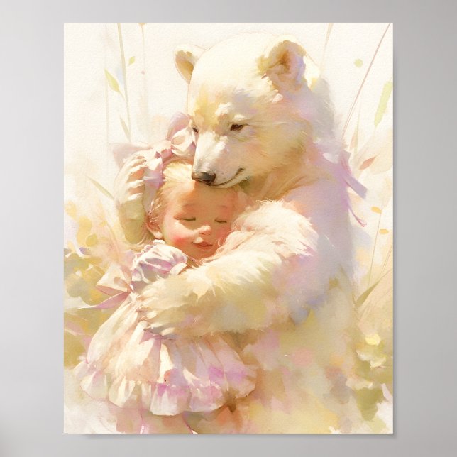 Polar Bear Hug with Baby Girl Nursery Wall Poster (Frente)