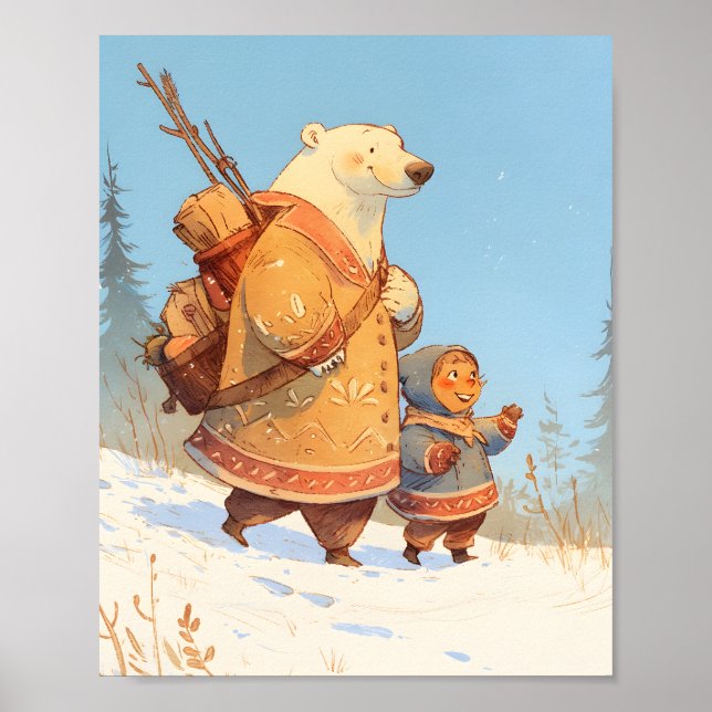 Polar Bear & Inuit Child Winter Nursery Poster (Frente)