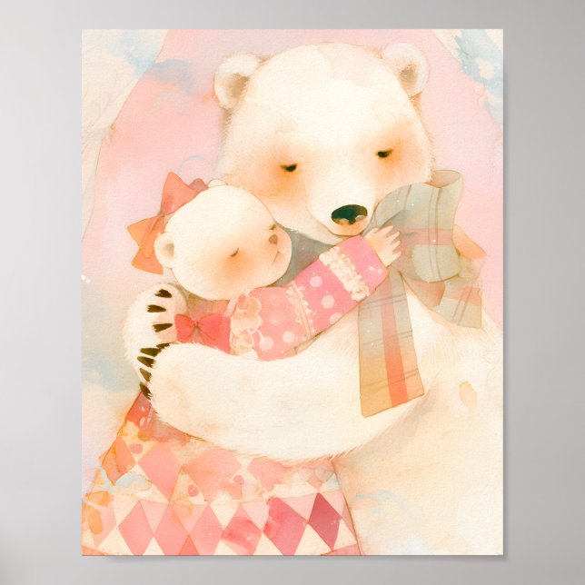 Polar Bear Mother and Cub Cuddle Nursery Poster (Frente)