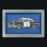 Polícia Vintage Carro Azul<br><div class="desc">Esta fivela de cinto é um presente único para policiais e polícias. O design apresenta um carro da polícia de vintage em um fundo azul. Concebido pelo artista mundialmente famoso ©Tim Coffey.</div>