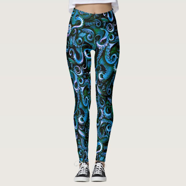 Polvo Azul e Verde Leggings Tentáculos (Frente)
