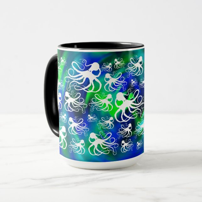 Polvo branco no verde azul - 15 onças. Caneca (Frente Esquerda)