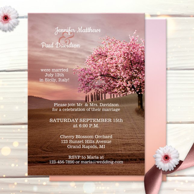 Pomar De Flor De Cereja Após Convite De Casamento (After wedding party invitation featuring a romantic landscape with blossoming cherry trees)