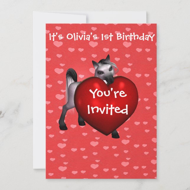 Pôneo Branco Bonito com Convite de Coração Vermelh (Frente)