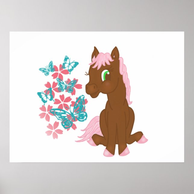Pôneo Castanho com Flores e Borboletas Impressão (Frente)