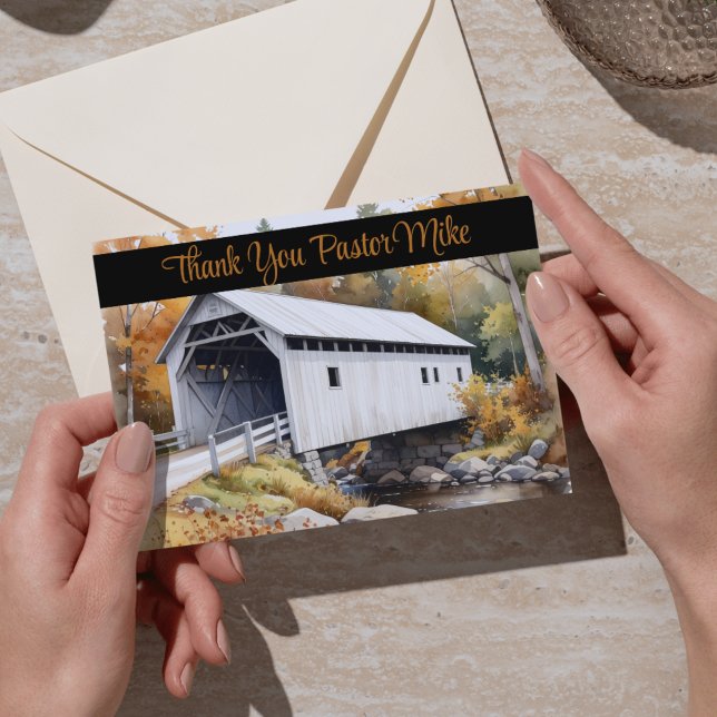 Ponte Coberta Folhagem de Outono Agradecimento ao  (Covered Bridge Fall Foliage Pastor Appreciation Thank You Card)