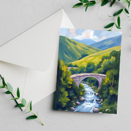 Ponte do Rio da Montanha Cartão de Aquarela Verde 