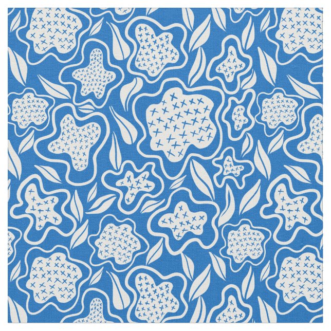 Ponto Cruz Floral Azul Real e Tecido Branco (Detalhe)
