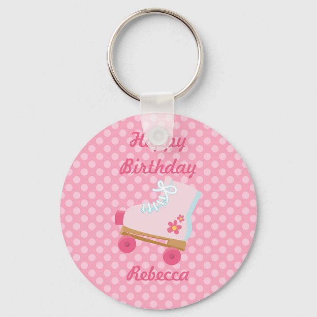 Pontos cor-de-rosa Rollerskate Birthday Chaveiro (Frente)