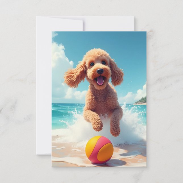 Poodle Feliz no Cartão de Nota de Praia (Frente)