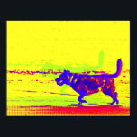 Pop Art Dog on Beach poster<br><div class="desc">Uma foto de um cachorro feliz correndo na praia com uma bola em sua boca foi modificada com cores e estilos de pop para um poster brilhante,  colorido e alegre. Excelente decor para amantes de cães. Amarelo,  vermelho,  azul,  verde.</div>