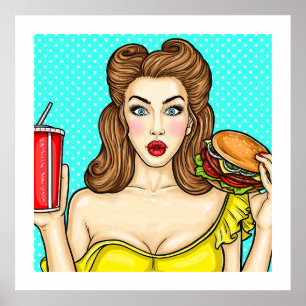 Pop Art Girl com Poster Burger Kitchen 24 x 24