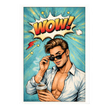 Pop Art Poster „WOW!“ – Attraktiver Mann Comic Wan