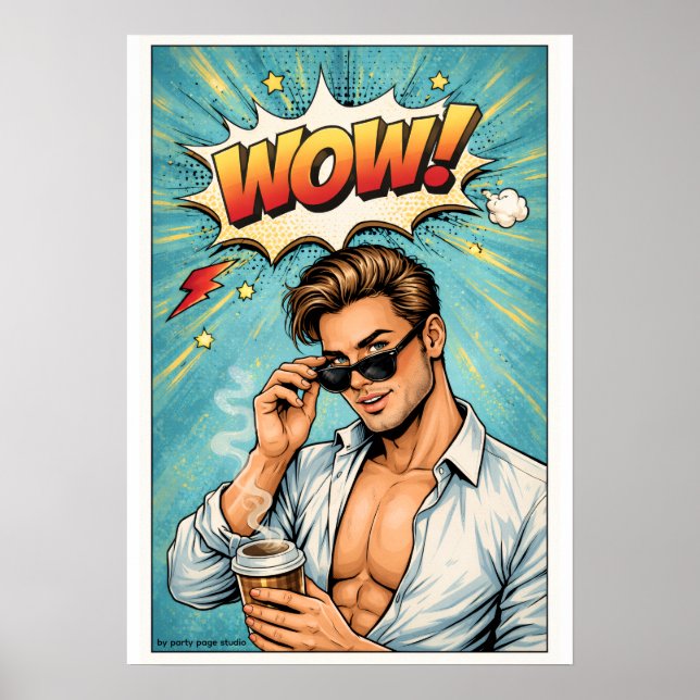 Pop Art Poster „WOW!“ – Attraktiver Mann Comic Wan (Frente)