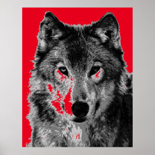 Pop Art Red Cinza Wolf Face Poster