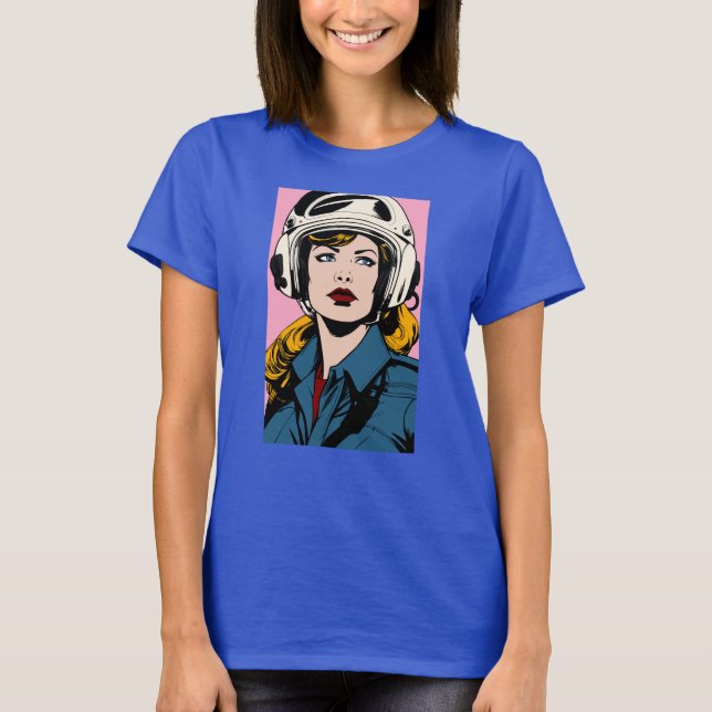 Pop Art Retro Mulher em Camisa Gráfica de Capacete (Frente)