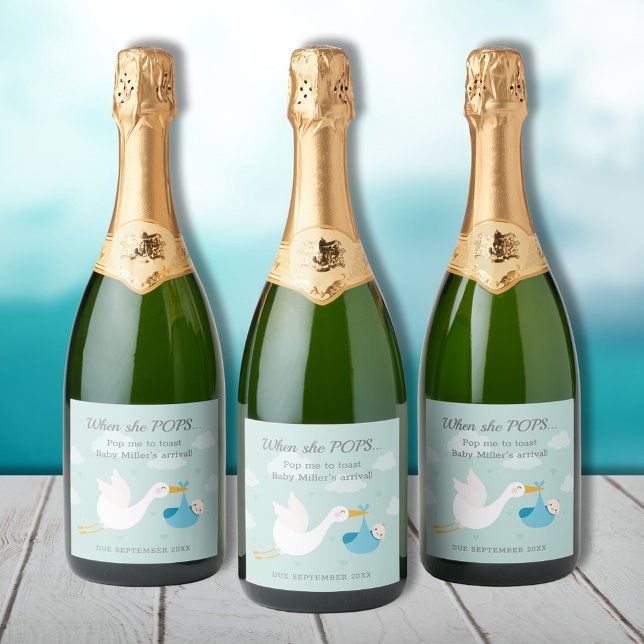 Pop de Pacote de Stork Azul (Cute blue stork bundle boy baby shower Pop It personalized champagne bottle labels)