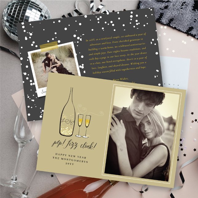 Pop Fizz Clink Champagne Cheer Cartão com fotos de (Pop Fizz Clink Champagne Cheer New Year Photo Card @ fat_fa_tin)