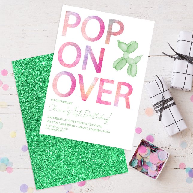 Pop sobre o convite de aniversário do Cachorro Ver (green glitter gender neutral birthday party invitation )