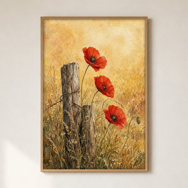 Poppies na Poster de Aquarela da Linha da Cerca (Shown framed for scale. Poster ships unframed; frames are an optional add-on.)