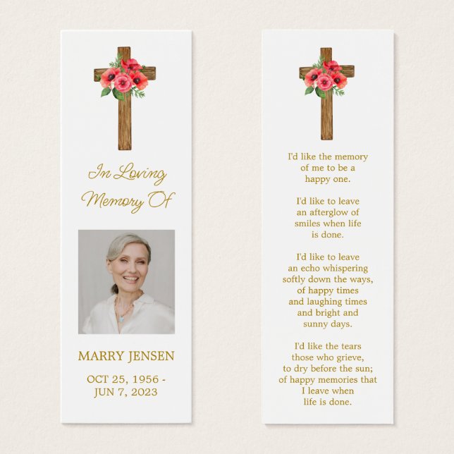 Poppy Cross Photo Funeral Bookmark (Frente & Verso)