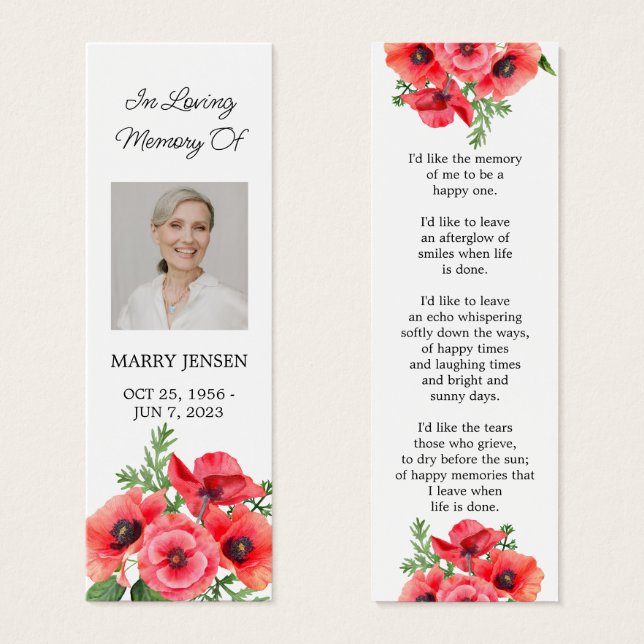 Poppy Floral Photo Funeral Memorial Bookmark (Frente & Verso)