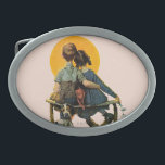 Por do sol<br><div class="desc">Artista: Por do sol do relógio do menino & da menina de Norman Rockwell | do banco, filhote de cachorro desesperado</div>