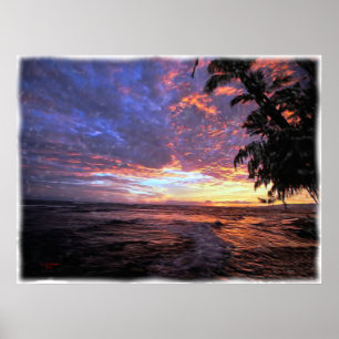 Por do sol no poster e na cópia da praia…