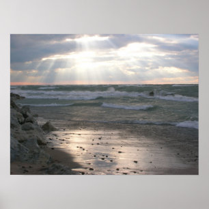 Por do sol tormentoso sobre o poster do Lago