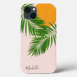Pôr do Sol Tropical Retro Folhas de Palmeira Nome