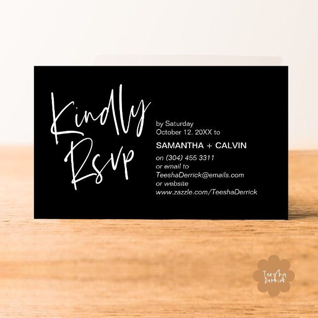 Por favor, responda ao convite de casamento minima (Kindly RSVP Modern Minimalist Wedding Dinner Invites Reminder Enclosed Card Phone Email Classy Black)