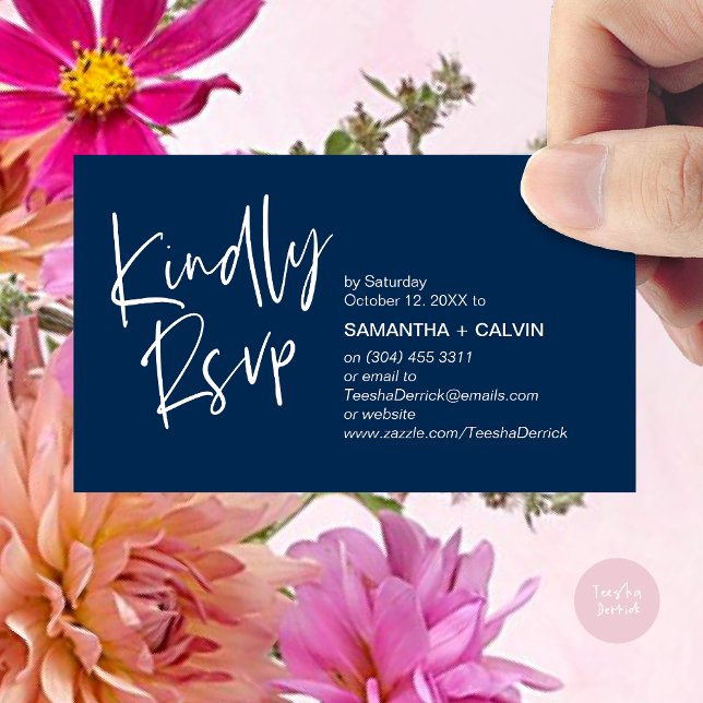 Por favor, responda Convite de Casamento Minimalis (Kindly RSVP Modern Minimalist Wedding Dinner Invites Reminder Enclosed Card Phone Email Navy Blue)