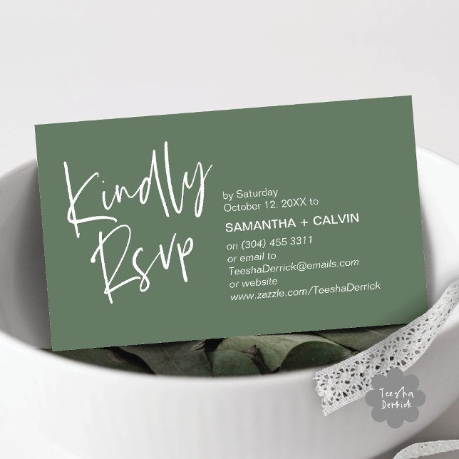 Por favor, responda Convite de Casamento Minimalis (Kindly RSVP Modern Minimalist Wedding Dinner Invites Reminder Enclosed Card Phone Email Sage Green)