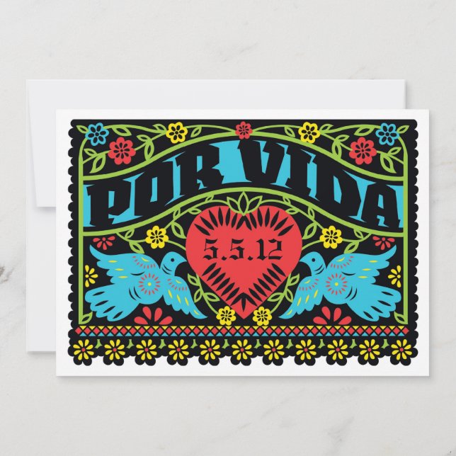 Por Vida Love Birds Papel Picado Convite (Verso)