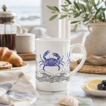 Caneca de Café Caranguejo Azul Costeiro com Ondas