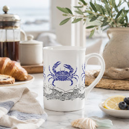 Porcelana Caneca de Café Caranguejo Azul Costeiro com Ondas 