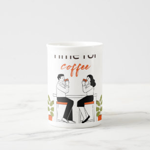 Porcelana Caneca de Ilustração de Casal Fofo na Hora do Café