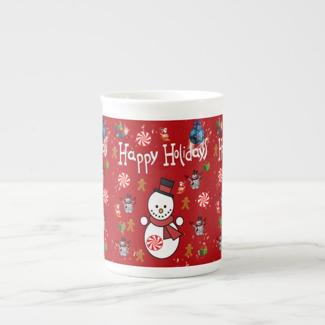 Porcelana Caneca de Natal, Boneco de Neve, Felizes Festas (Frente)