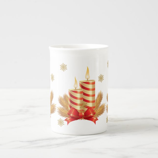 Porcelana Caneca de Natal, Dourada Vela de Natal Vermelha (Frente)