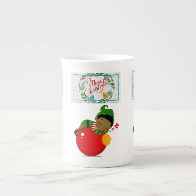 Porcelana Caneca de Natal, Feliz Elfo Africano de Natal (Frente)