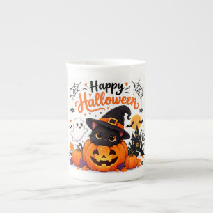 Porcelana Caneca de Viagem Feliz Halloween Gato Fofo - Bruxa