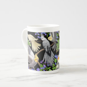 Porcelana Cockatiels na caneca de China de osso dos miosóti