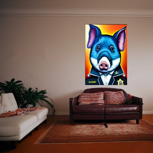 Porco azul com uniforme policial AI Art Poster