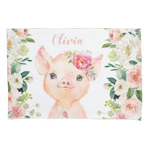 Porco bonito com flores rosa esmagadas