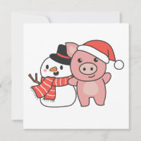 Porco Com Boneco de Neve No Inverno Para Convite D
